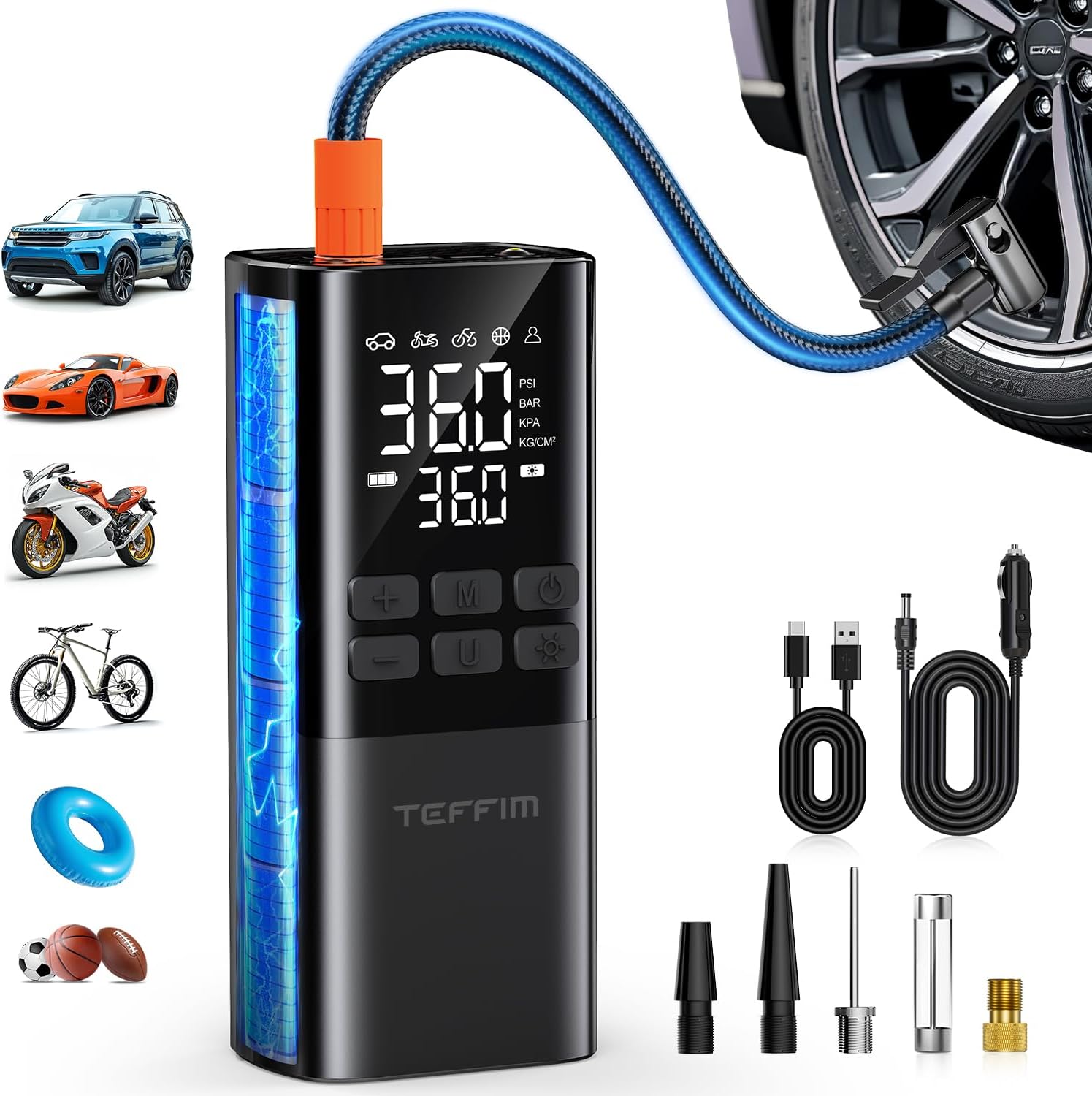 Portable Tire Inflator Pump - 150PSI Power & LED Light - Teffim