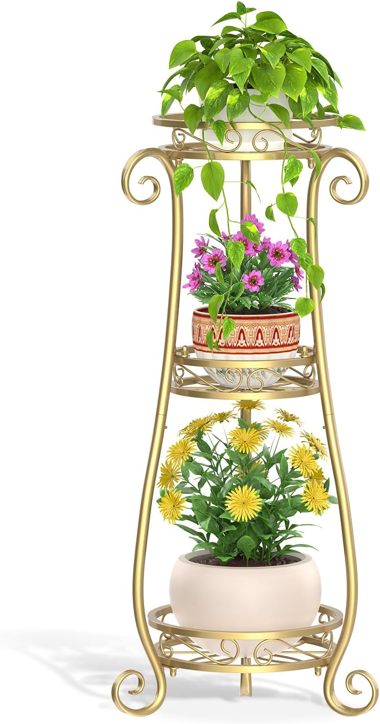 3 Tier Gold Metal Plant Stand for Indoor Outdoor Use
