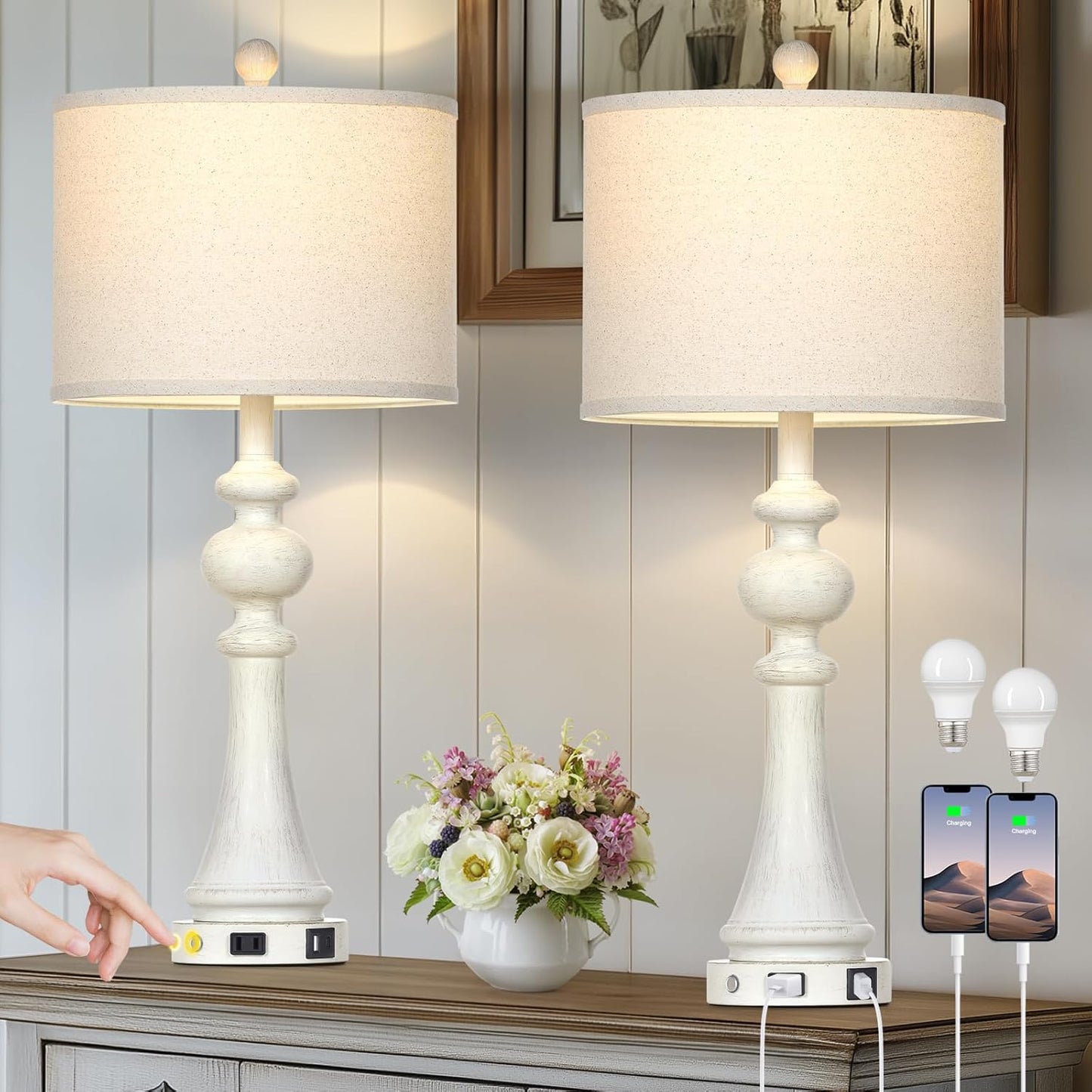 28 Farmhouse Lamps Set of 2 with USB Ports & AC Outlets
