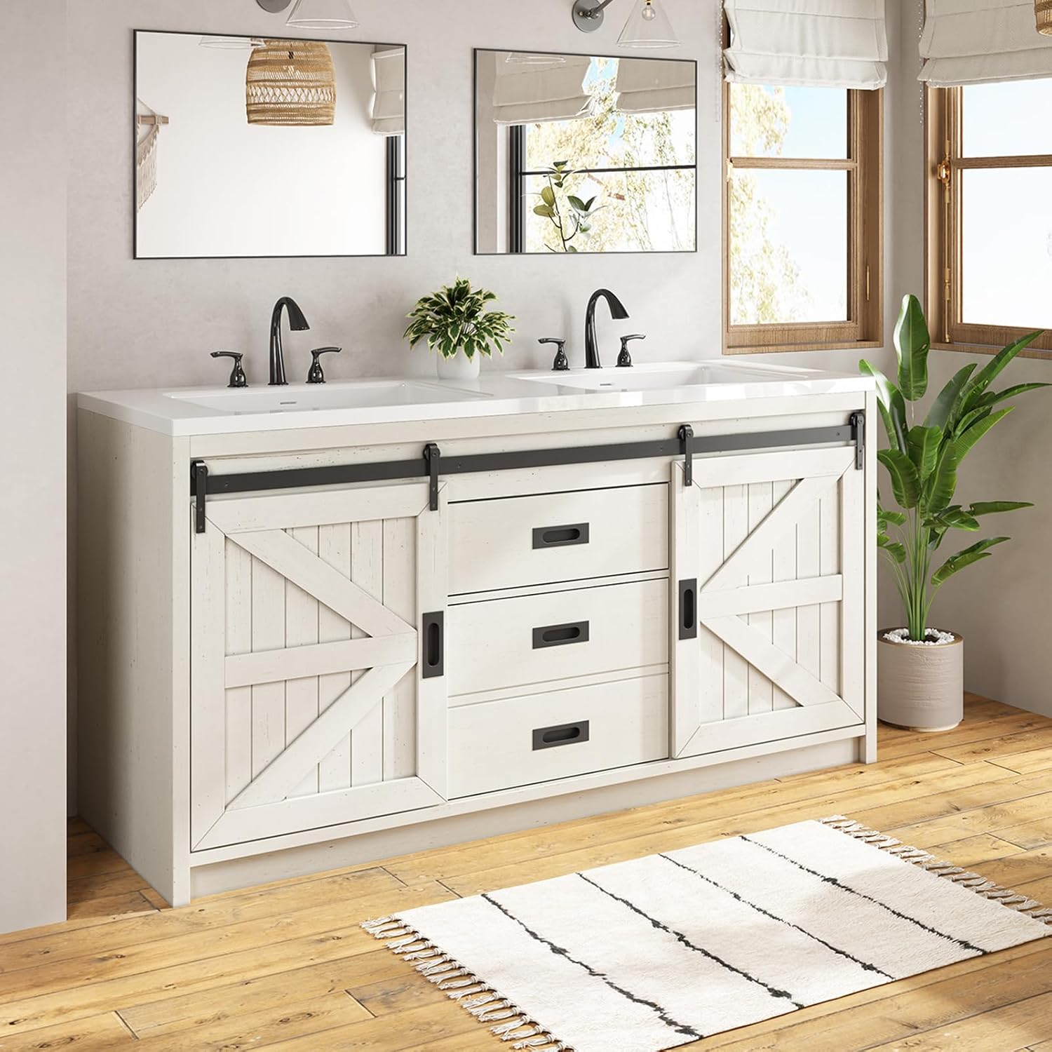 60 Inch Farmhouse Sliding Barn Door Double Vanity with Sink Combo