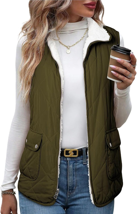SHEWIN Women Puffer Vest Casual Stand Collar Sleeveless Jacket