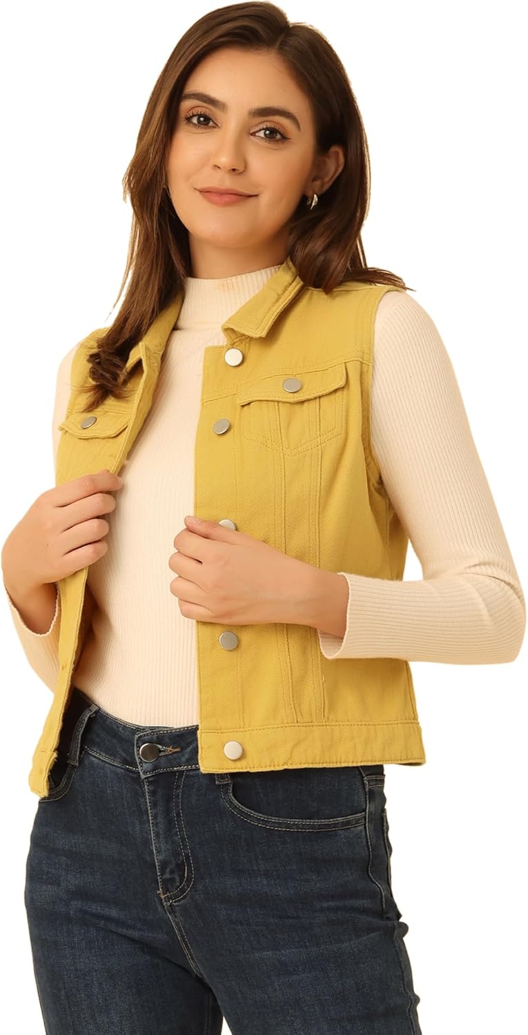 Allegra K Women's Buttoned Washed Denim Vest Jacket for Style