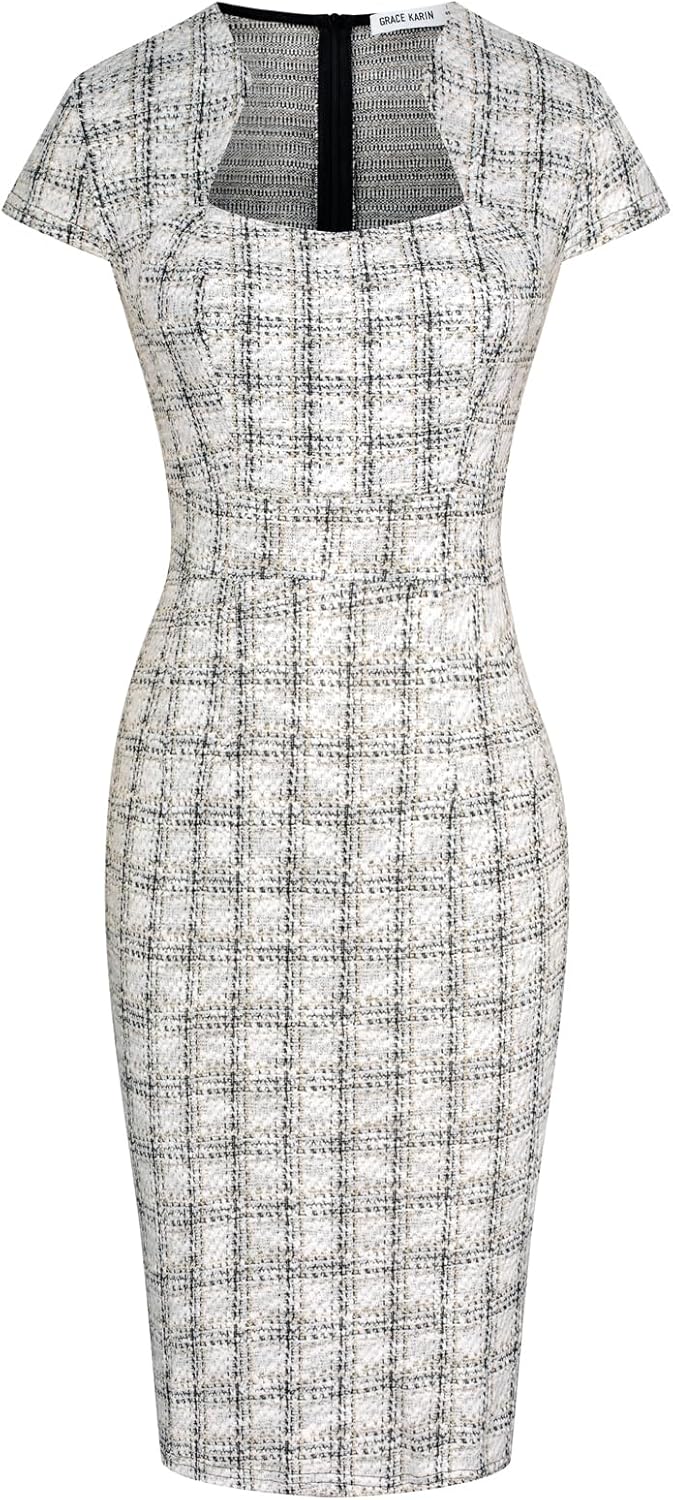 Gorgeous Pencil Dress for Women with Cap Sleeves and Tweed Style
