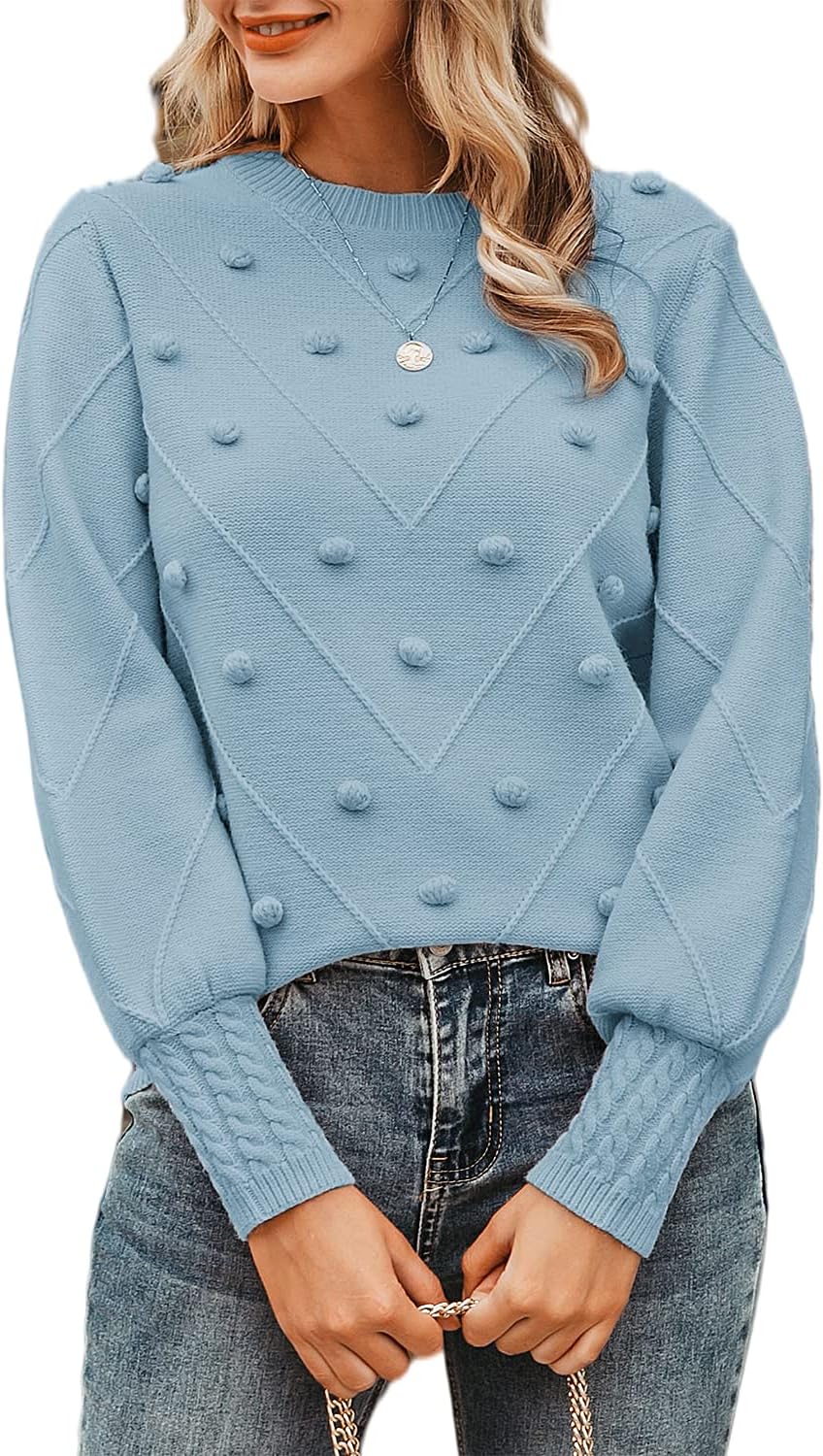 Miessial Women's Fall Crew Neck Pullover Sweater with Pompoms