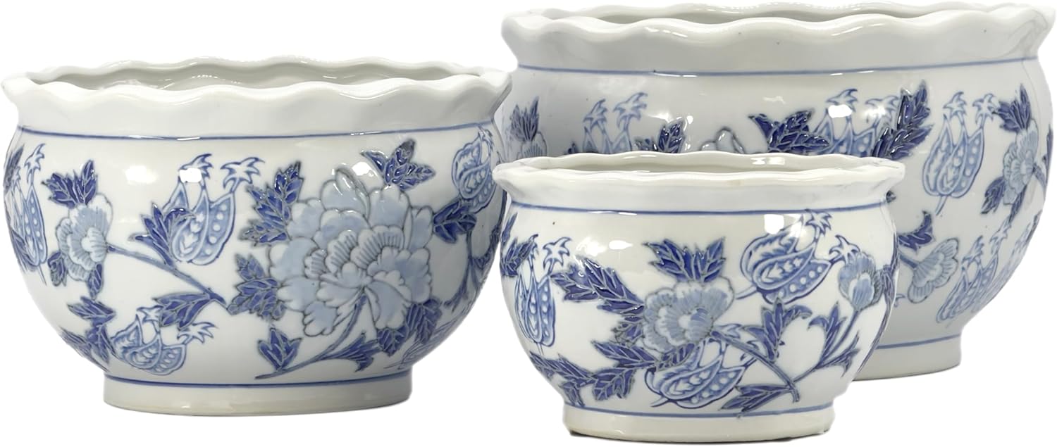 Elegant Blue & White Round Floral Ceramic Planter Set of 3