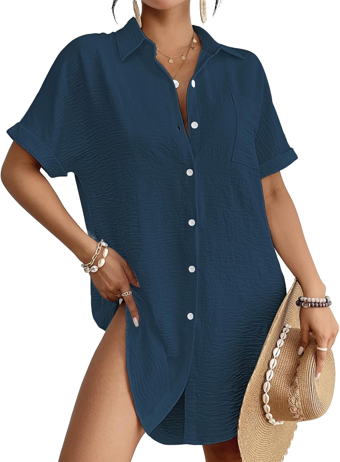 Stylish Women Swimsuit Coverup Shirt Dress for Beachwear