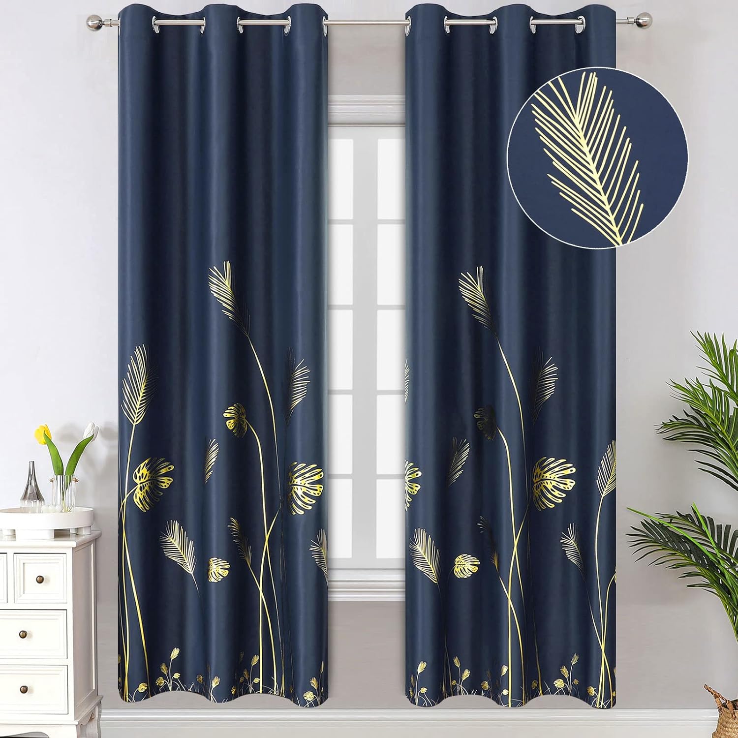 Estelar Textiler Blackout Curtains with Gold Palm Tree Pattern