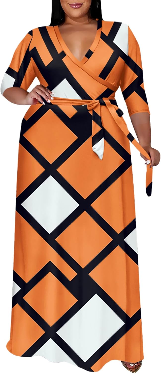 Runwind Plus Size Floral Maxi Dress for Women with Belt