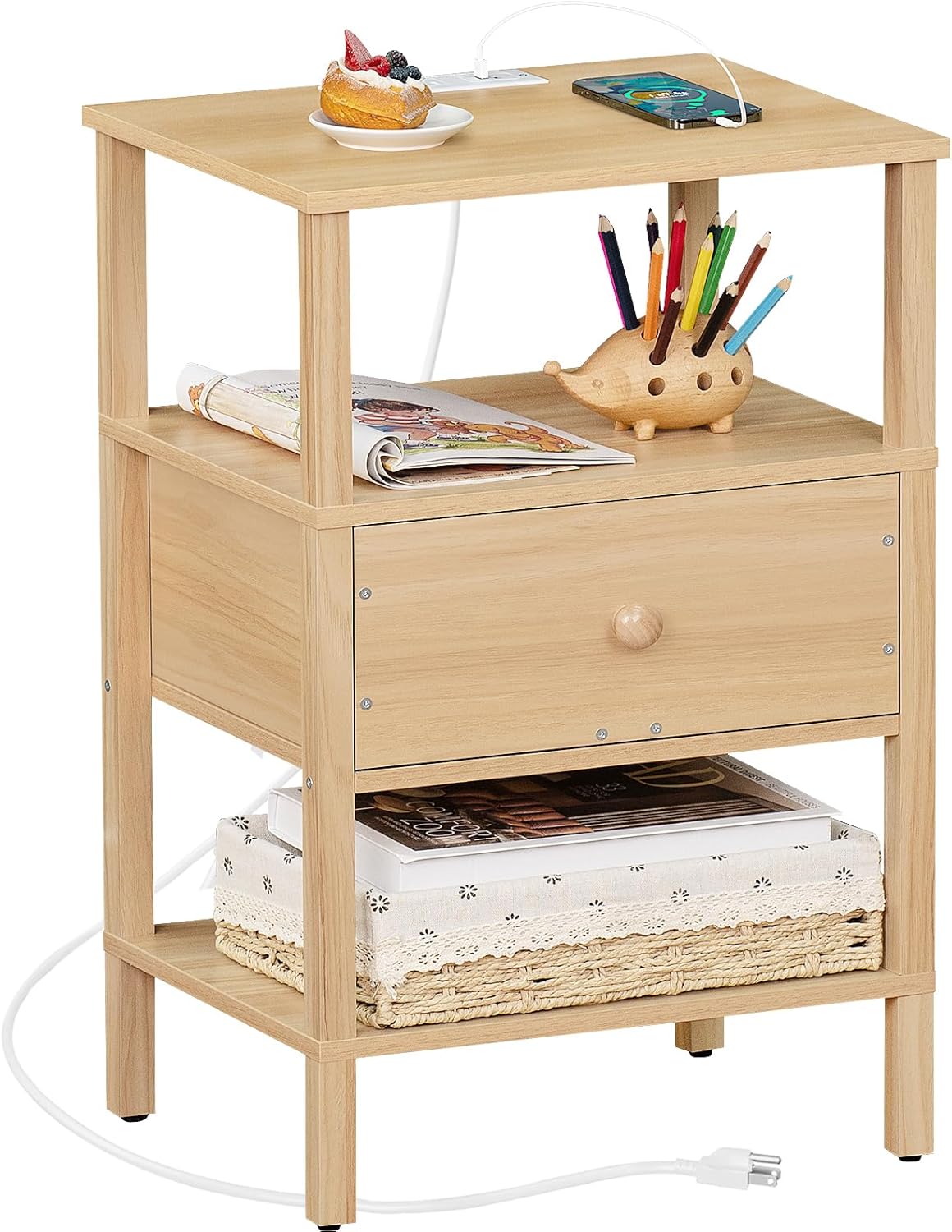3-Tier Nightstand with Charging Station and USB Ports for Small Spaces
