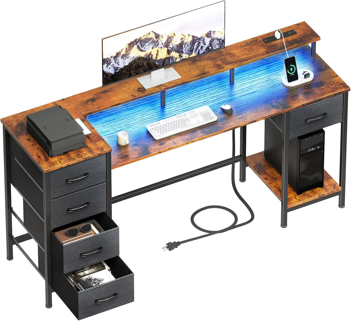 55 Inch Computer Gaming Desk with Power Outlets and LED Lights