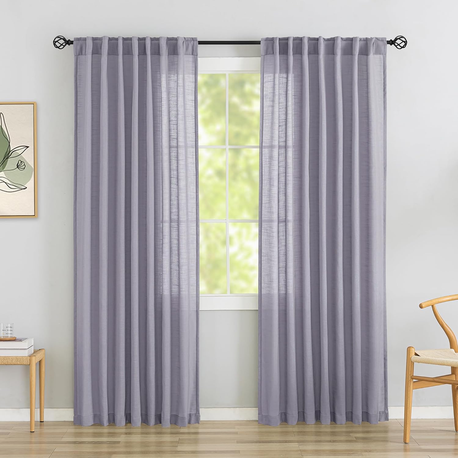 Lavender Light Purple Linen Back Tab Sheer Curtains for Bedroom