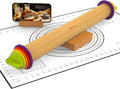 Rolling Pin with Thickness Rings and Pastry Mat - Adjustable Wooden