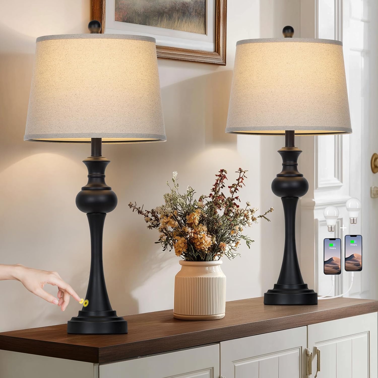 28.75 in Black Table Lamps Set of 2 with USB Ports and Dimming