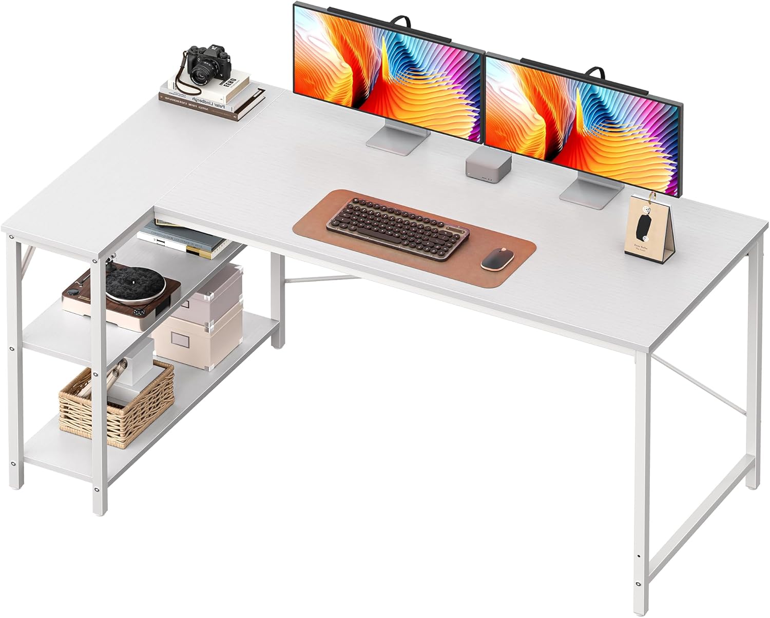 L Shaped Computer Desk with Reversible Shelves for Home Office
