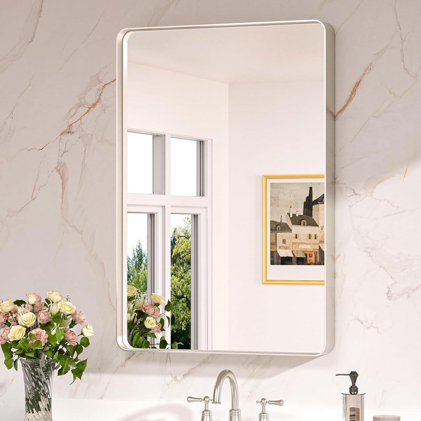 Keonjinn Brushed Nickel Bathroom Mirror for Modern Elegance