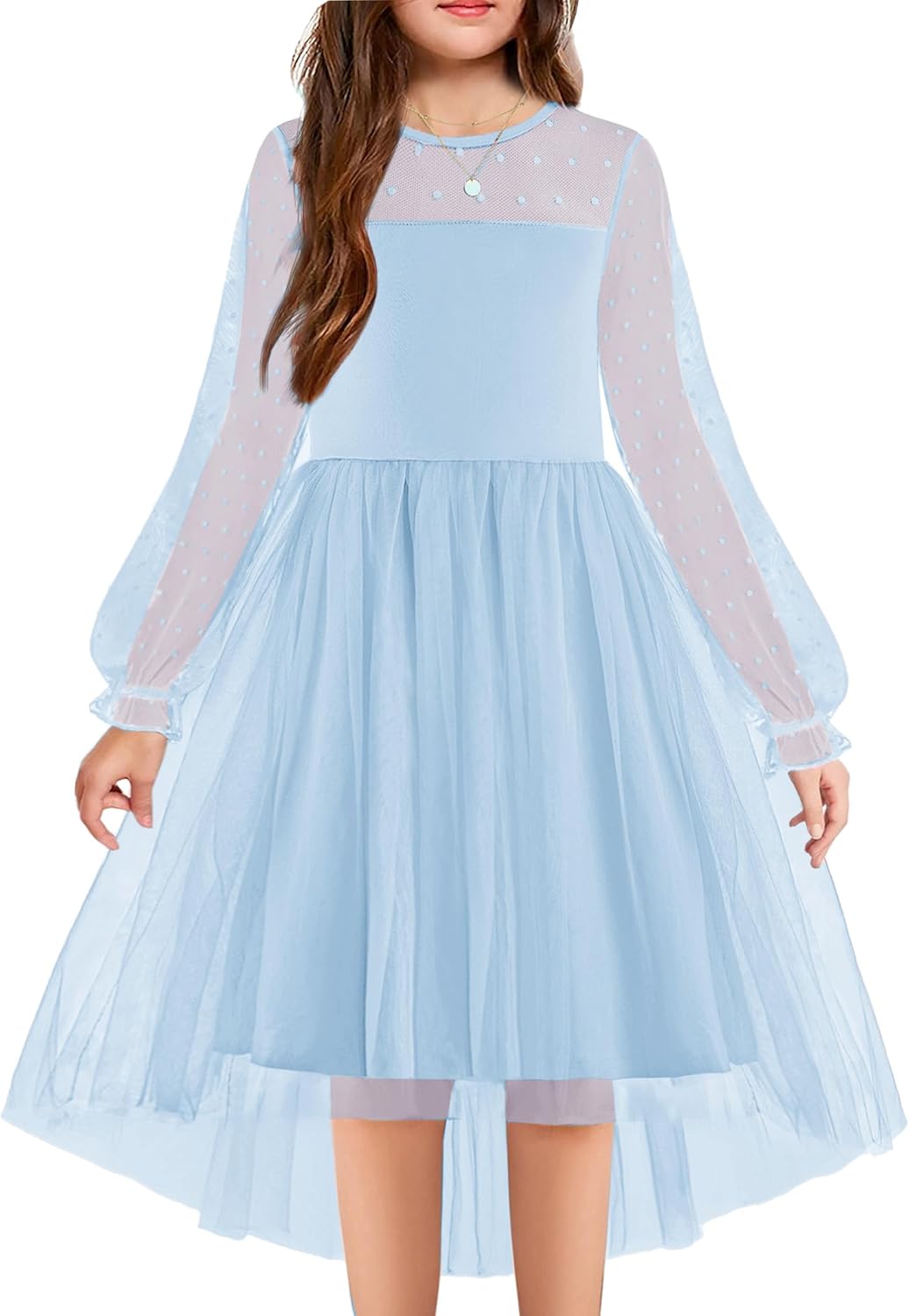 Arshiner Girls Dresses Contrast Mesh Long Sleeve Twirly Dress