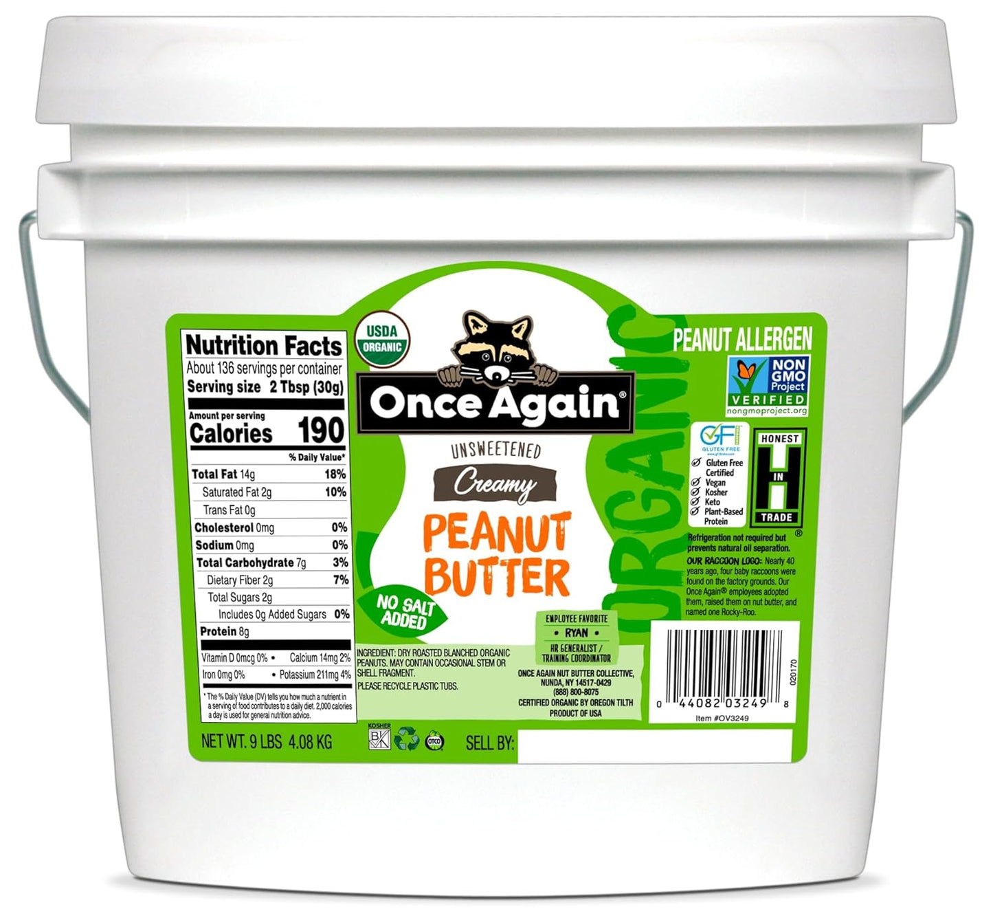 Organic Creamy Peanut Butter - Salt Free, Unsweetened, 9lbs