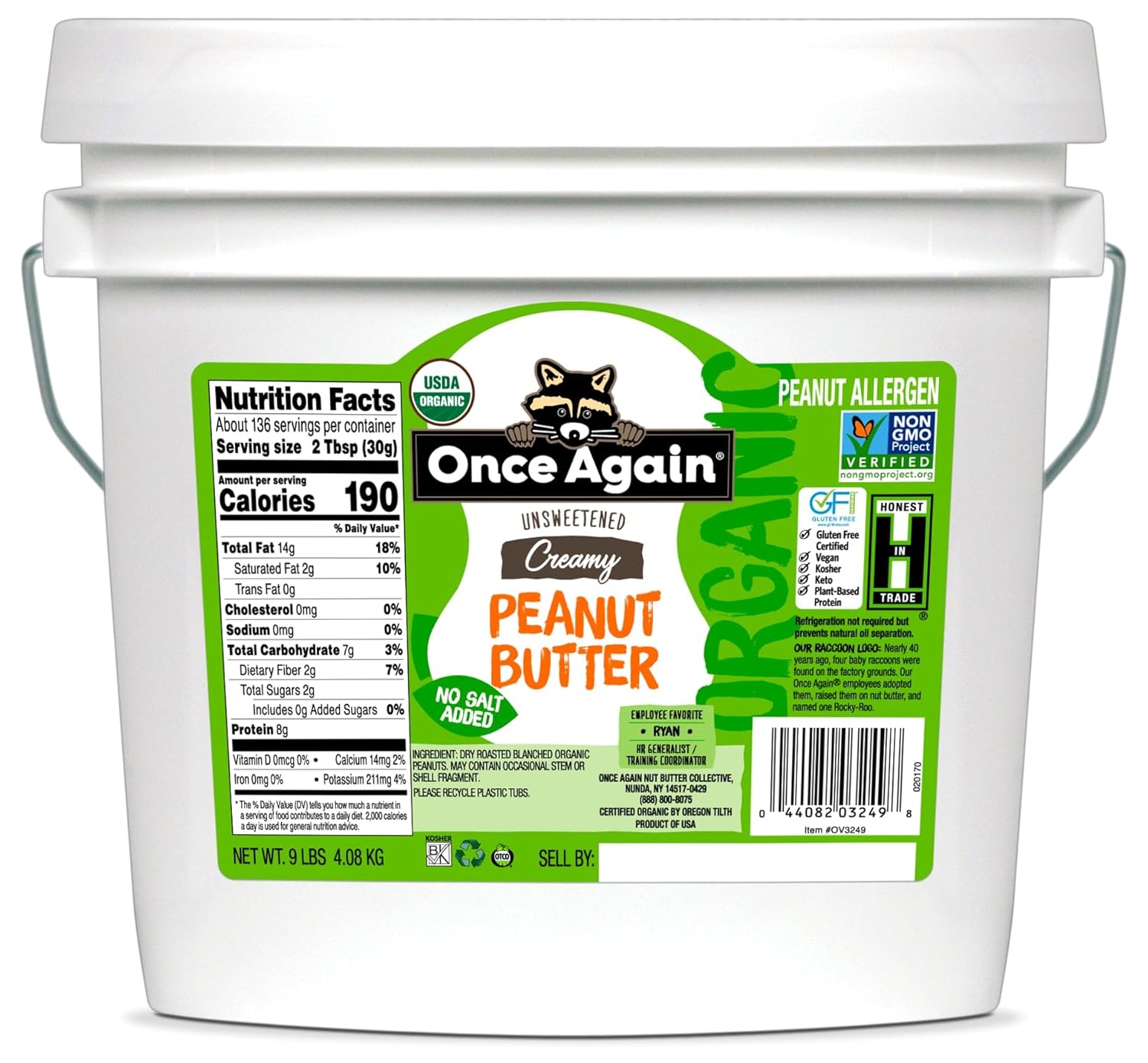 Organic Creamy Peanut Butter - Salt Free, Unsweetened, 9lbs