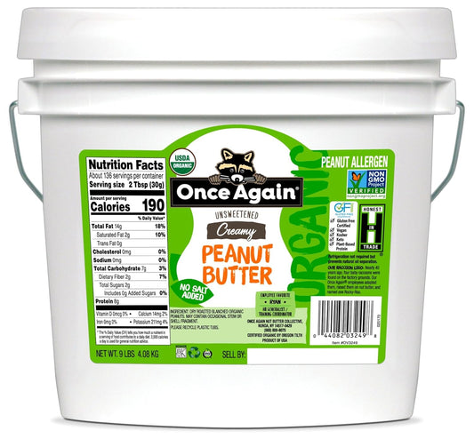 Organic Creamy Peanut Butter - Salt Free, Unsweetened, 9lbs