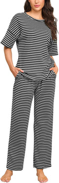 Waffle Knit Womens Pajama Set - Short Sleeve Top with Long Pants