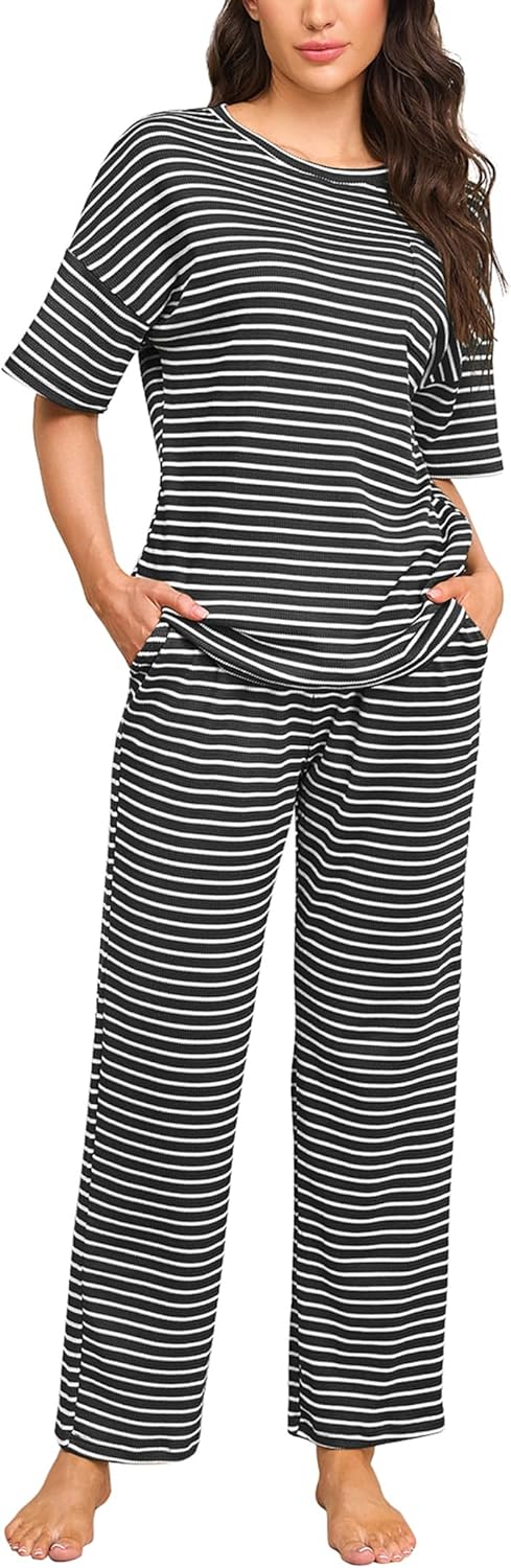 Womens Pajama Sets Waffle Knit Short Sleeve Shirt and Pants