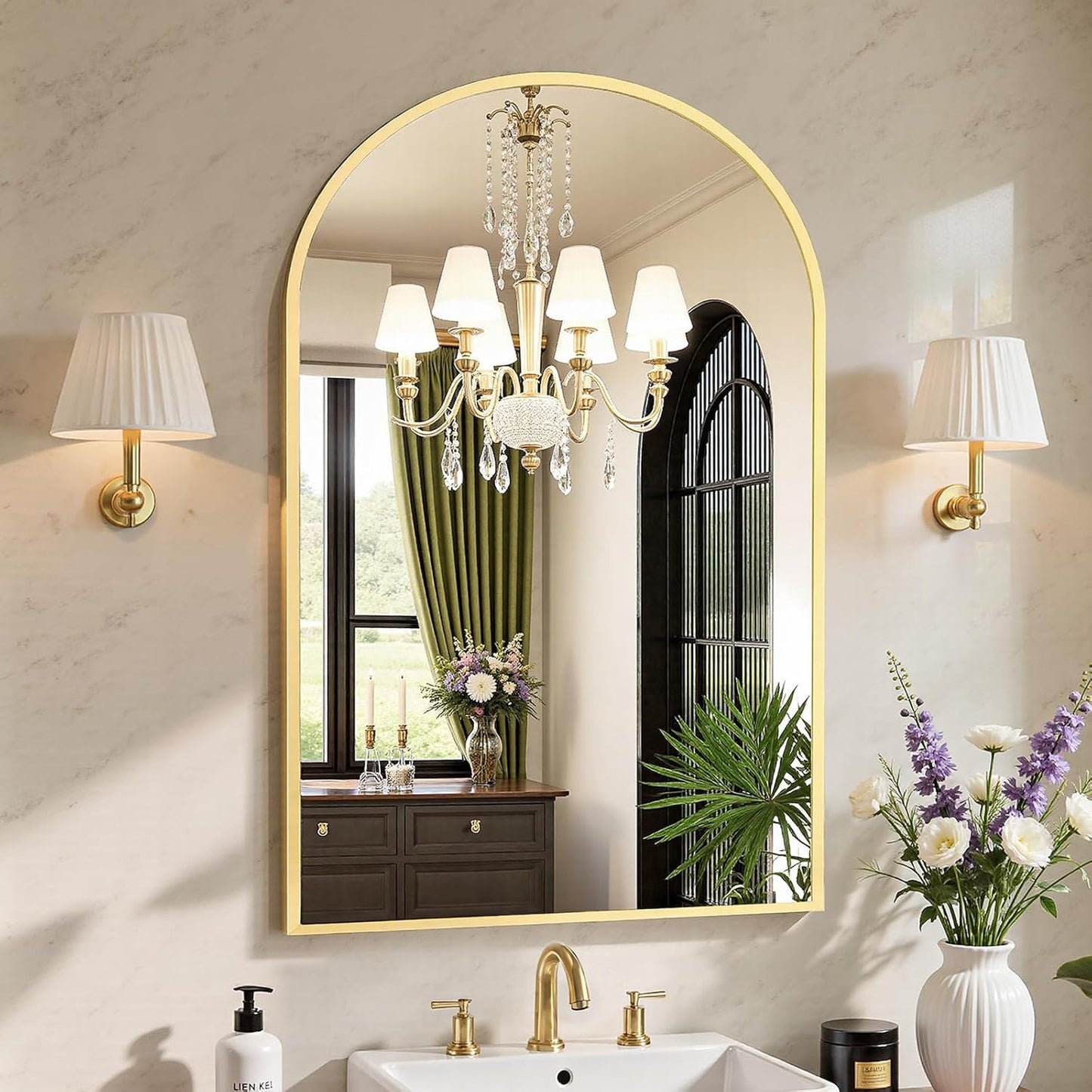Sweetcrispy Arched Bathroom Mirror 36x25 Inch Gold Metal Frame