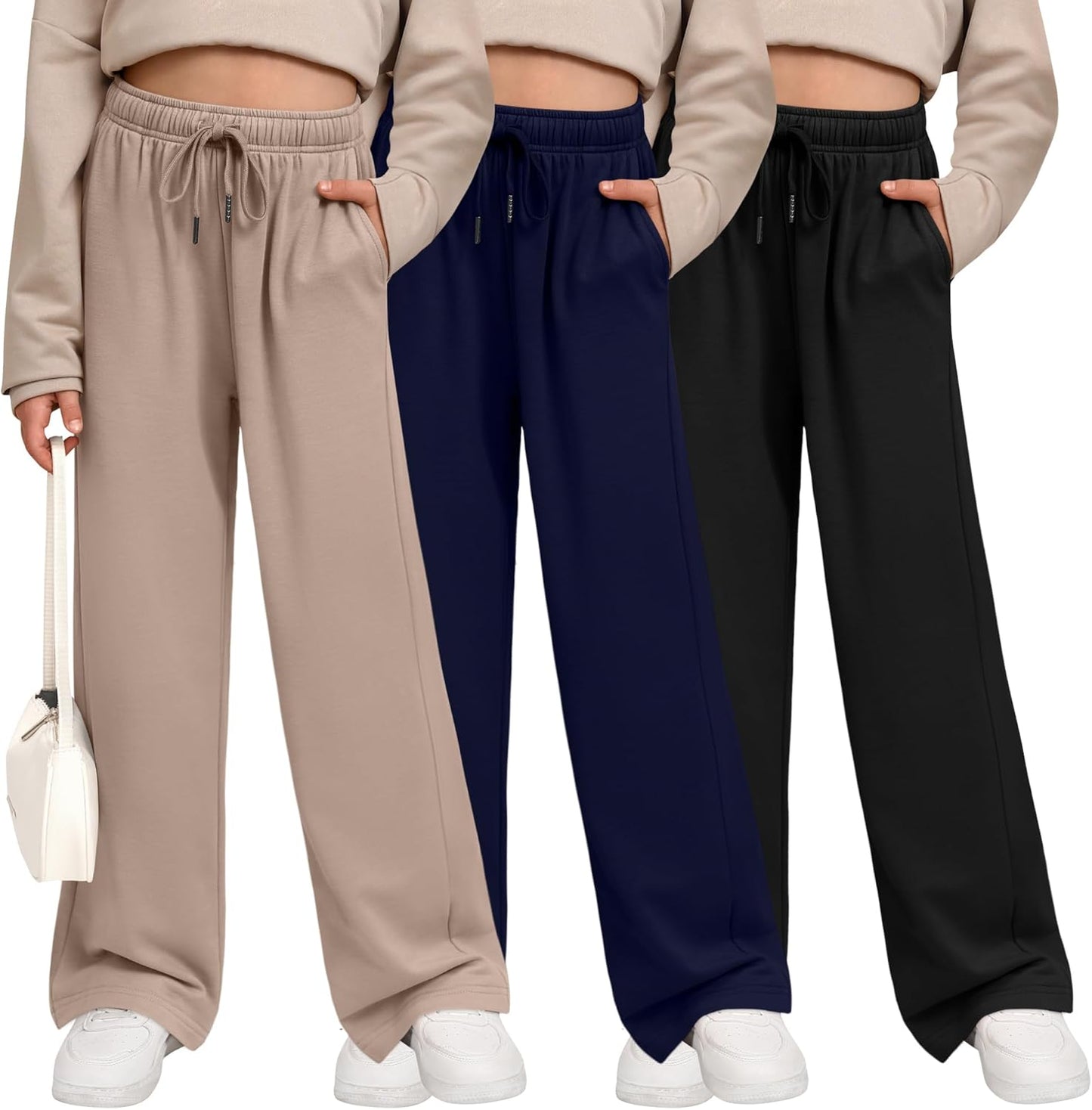 3 Pack Girls' Sweatpants Wide Leg Casual Joggers with Pockets
