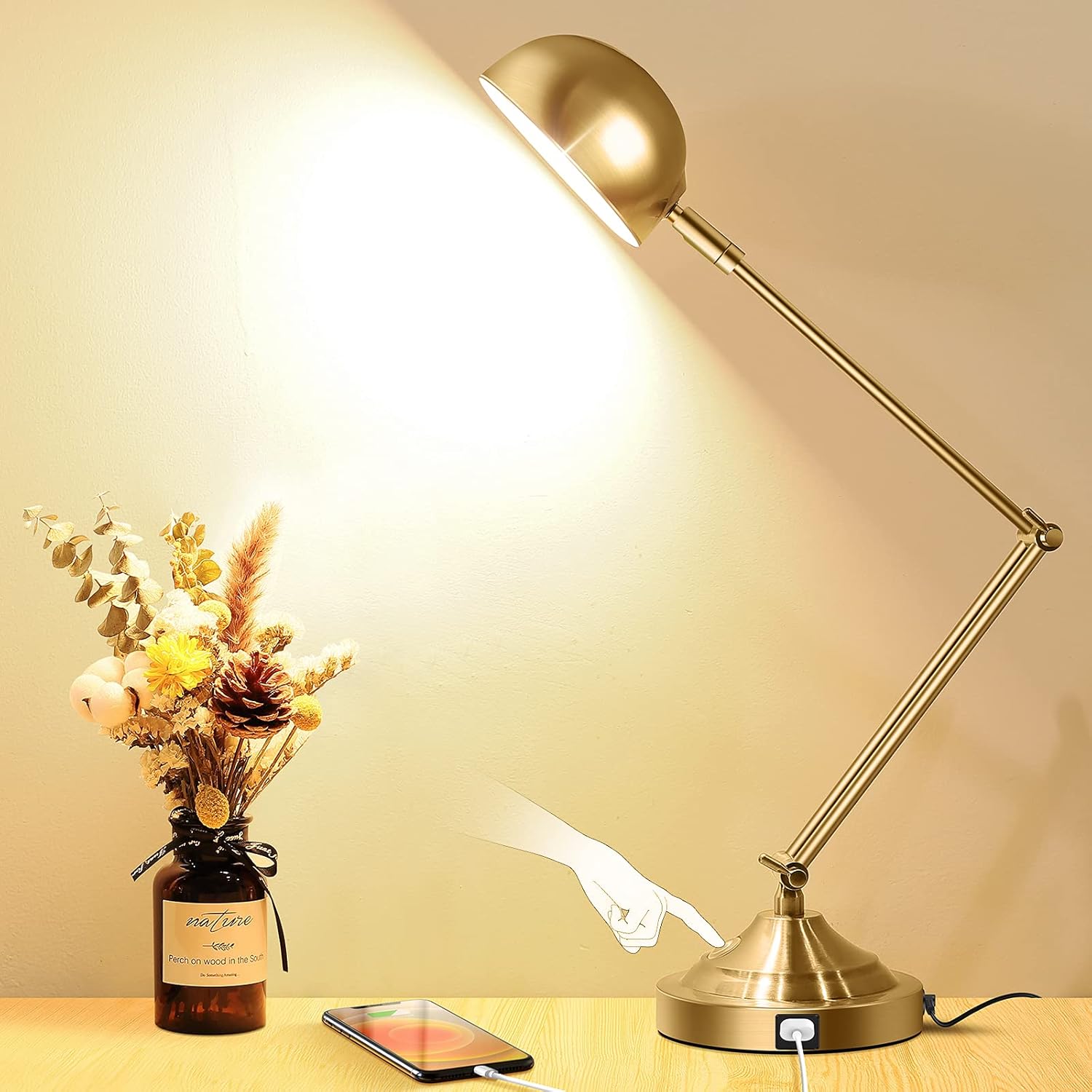 Architect Gold Desk Lamp with USB Port - Vintage Style Light for Home Office - TOBUSA