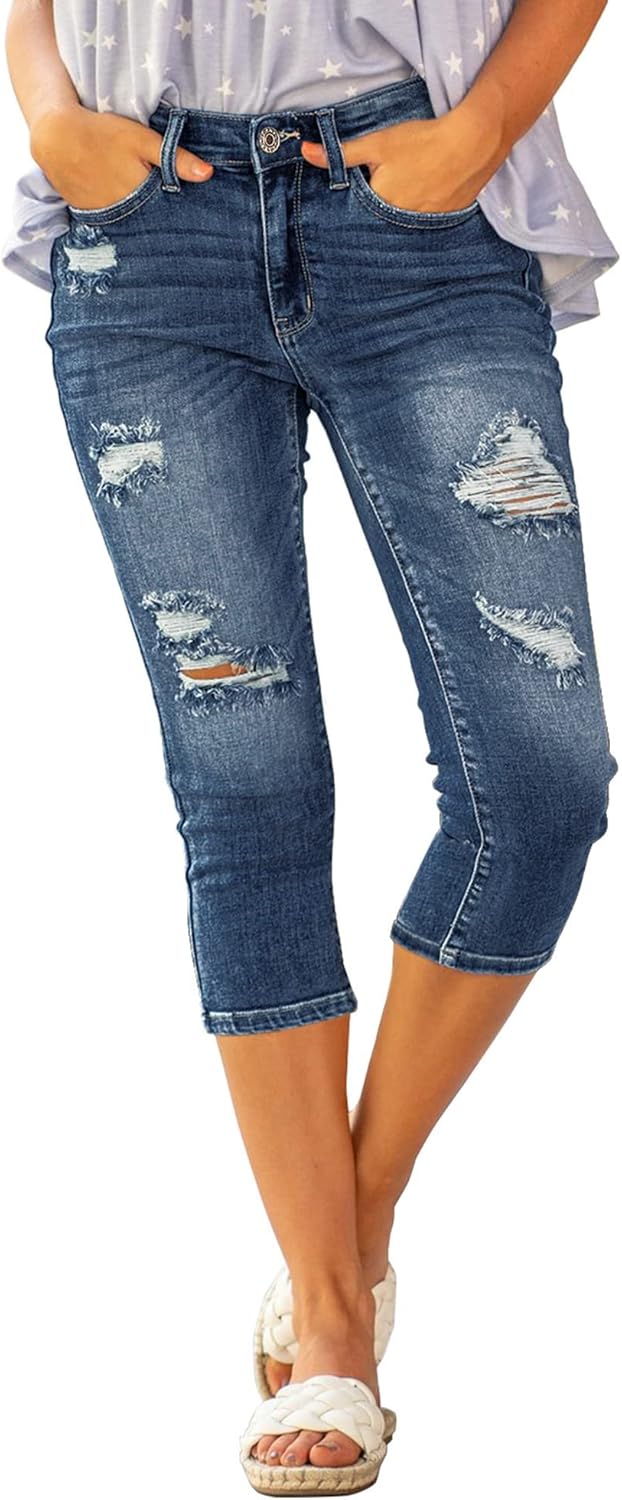 Luvamia Womens Capri Jeans High Waisted Skinny Ripped Denim