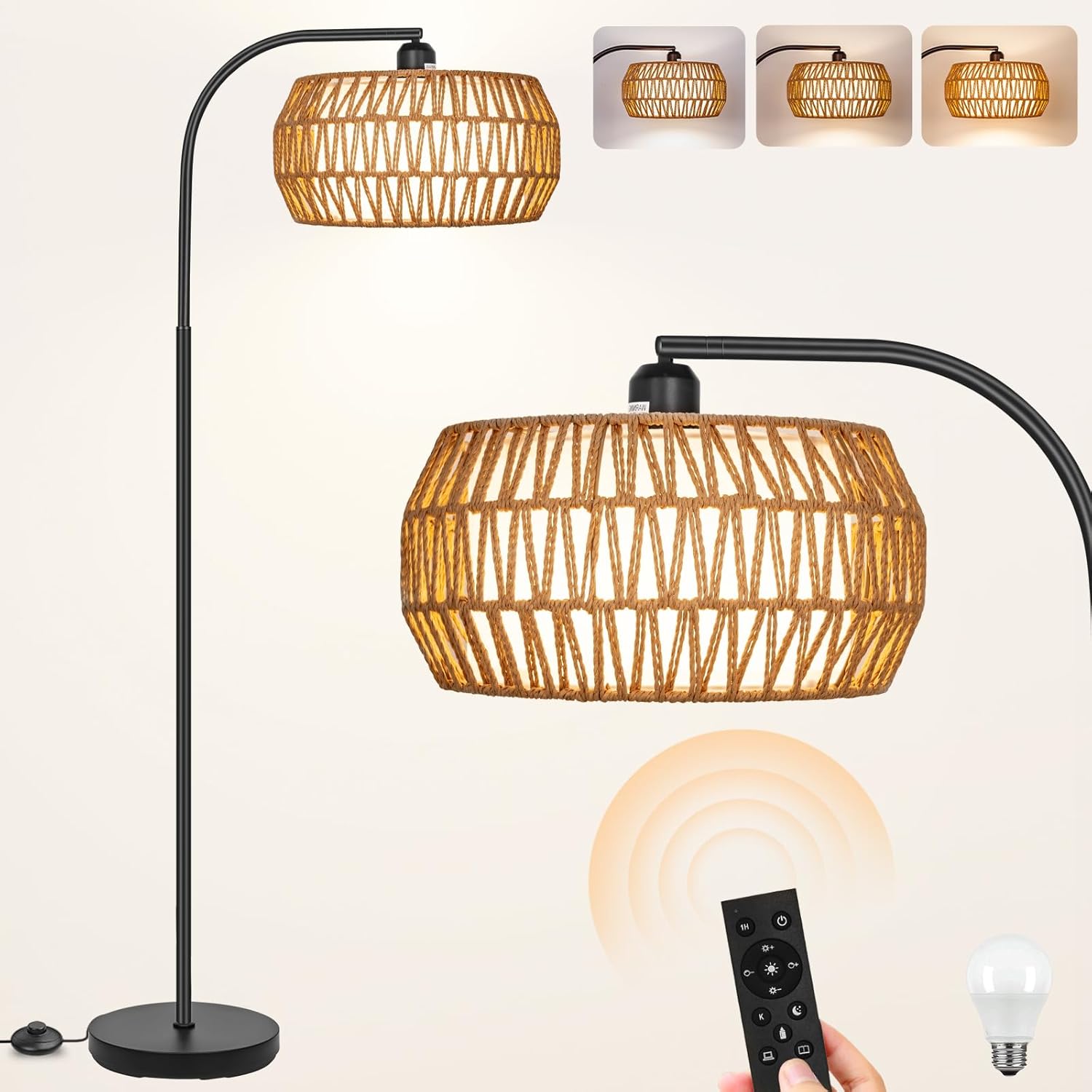 Rattan Floor Lamp with Remote Control for Boho Farmhouse Style