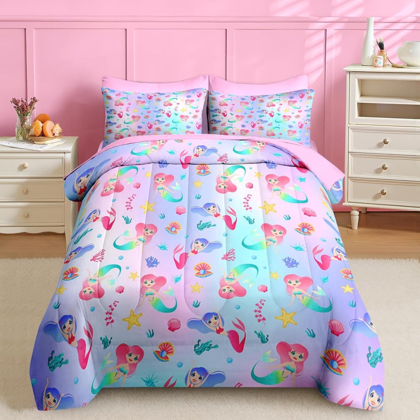 Nesker 5 Pcs Comforter Set Twin Size for Kids with Mermaid Design