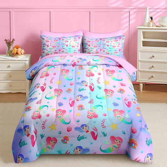 Nesker 5 Pcs Comforter Set Twin Size for Kids with Mermaid Design