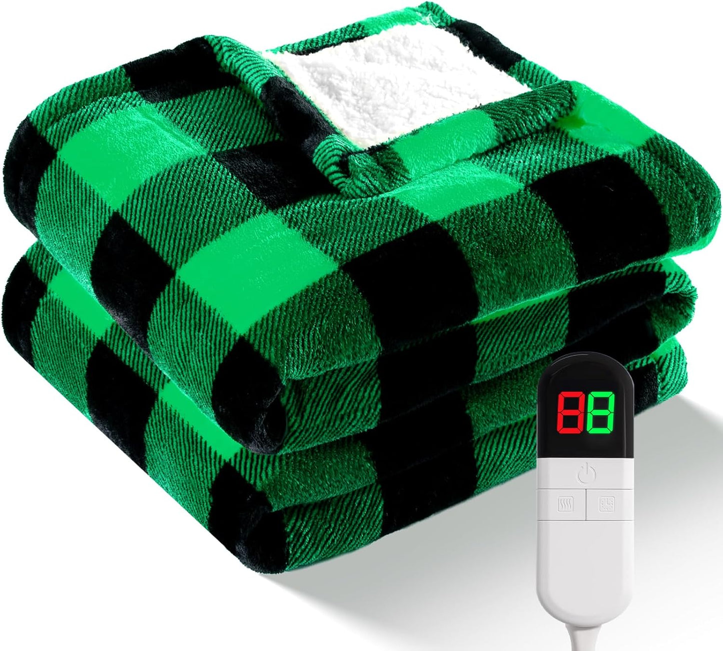 Electric Heated Sherpa Buffalo Plaid Blanket with 8 Heating Levels