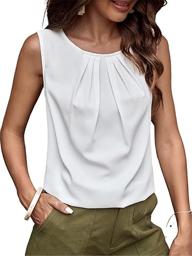 Milumia Women's Casual Pleated Round Neck Sleeveless Blouse Top