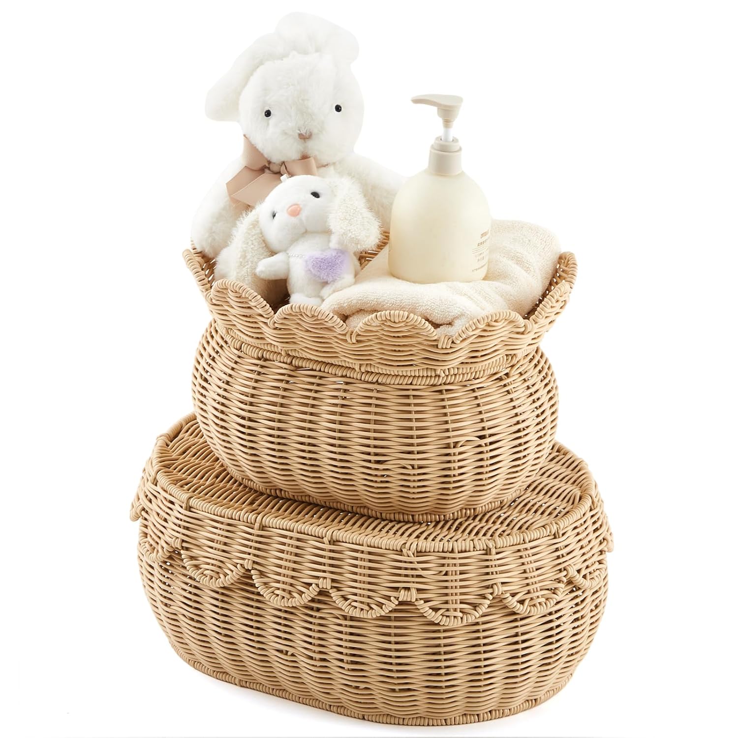 Scalloped Rattan Baskets for Stylish Nursery and Bathroom Storage