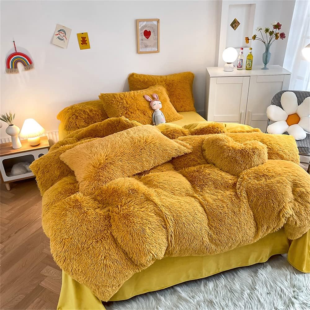 Chovy Faux Fur Plush Ginger Yellow Comforter Set for Twin/Full