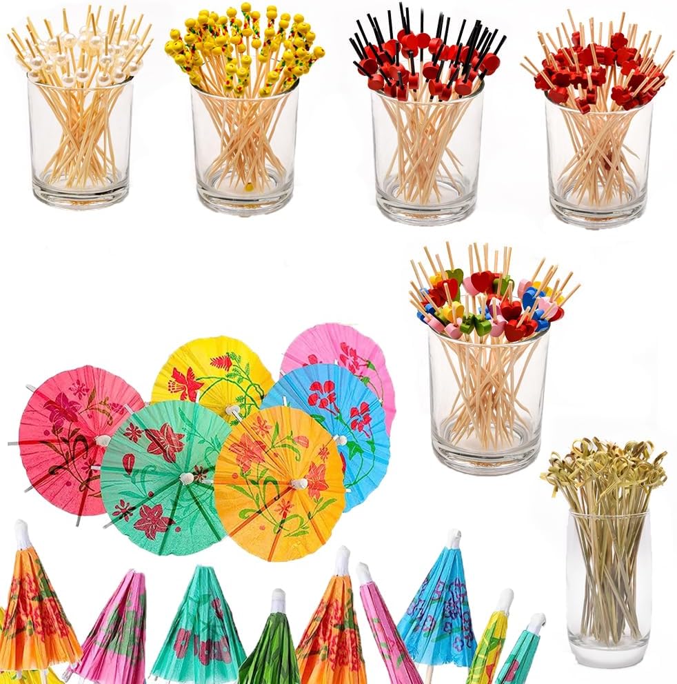 Festive Drink Decor Set - 350pcs Bamboo Picks & Umbrellas