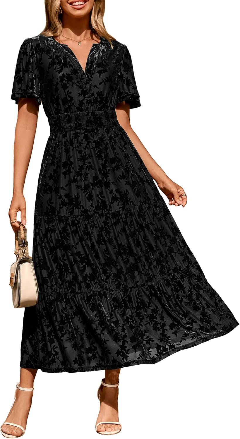 Elegant Velvet V Neck Maxi Dress for Wedding Guests and Parties