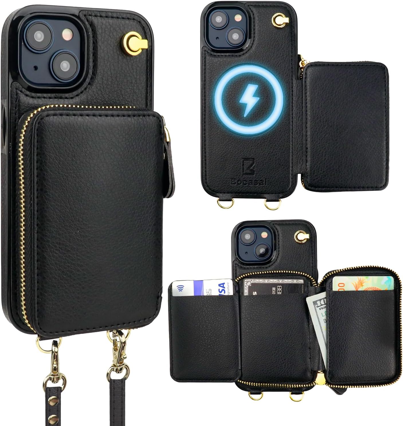 Bocasal MagSafe Crossbody Wallet Case for iPhone 15 - Black