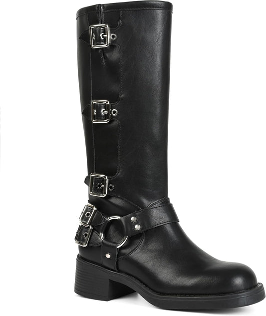 Knee High Boots Women Square Toe Pull On Wide Calf Riding Fashion