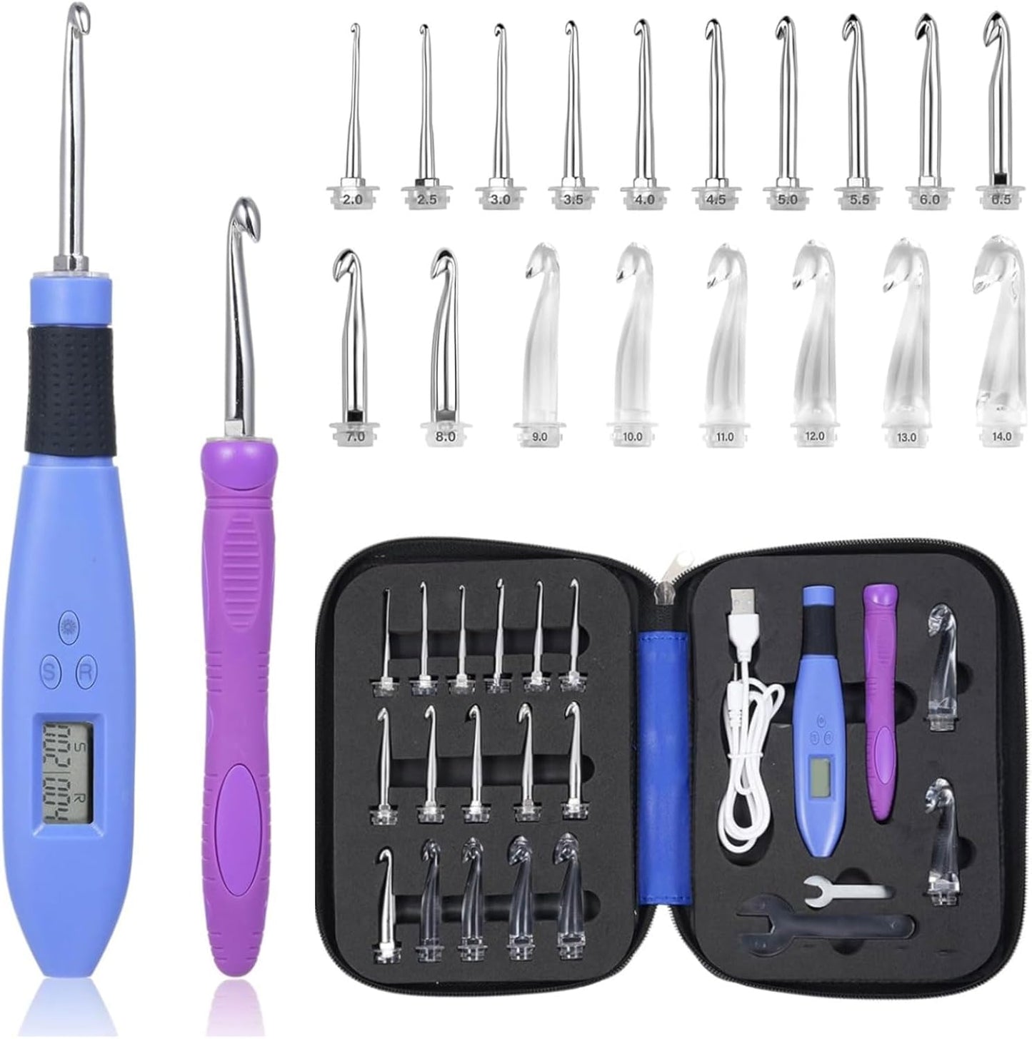Foxyoo Ergonomic Crochet Hook Set with Light Up Handle and Tips