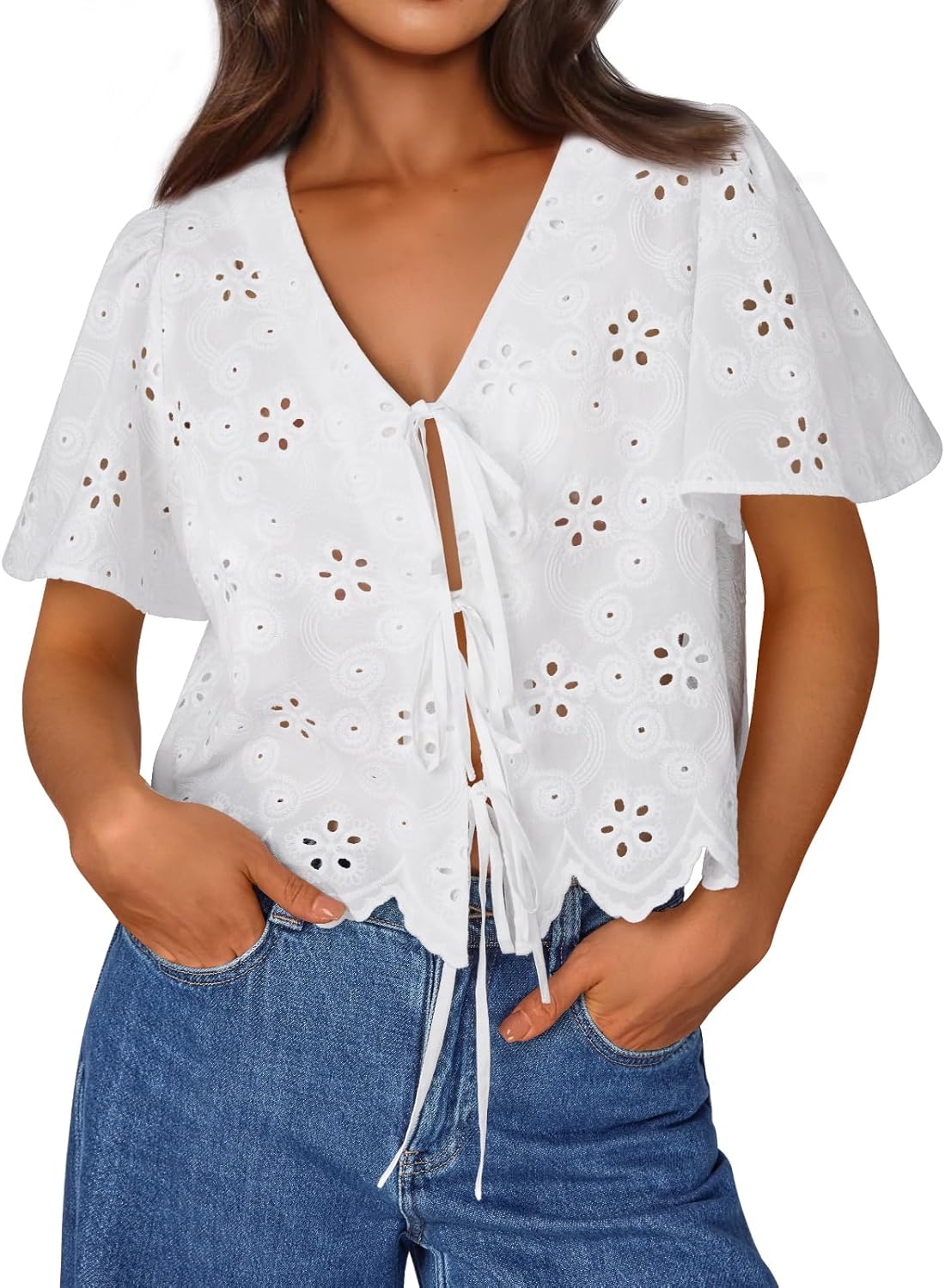Trendy Queen Womens Tie Front Tops for Summer Beach Vacation