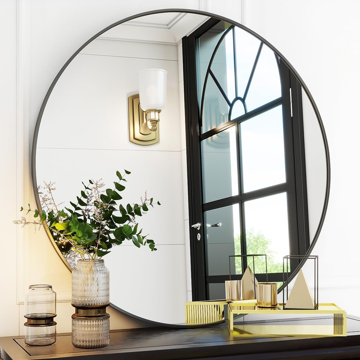 Black Round Bathroom Mirror with Modern Metal Frame Design