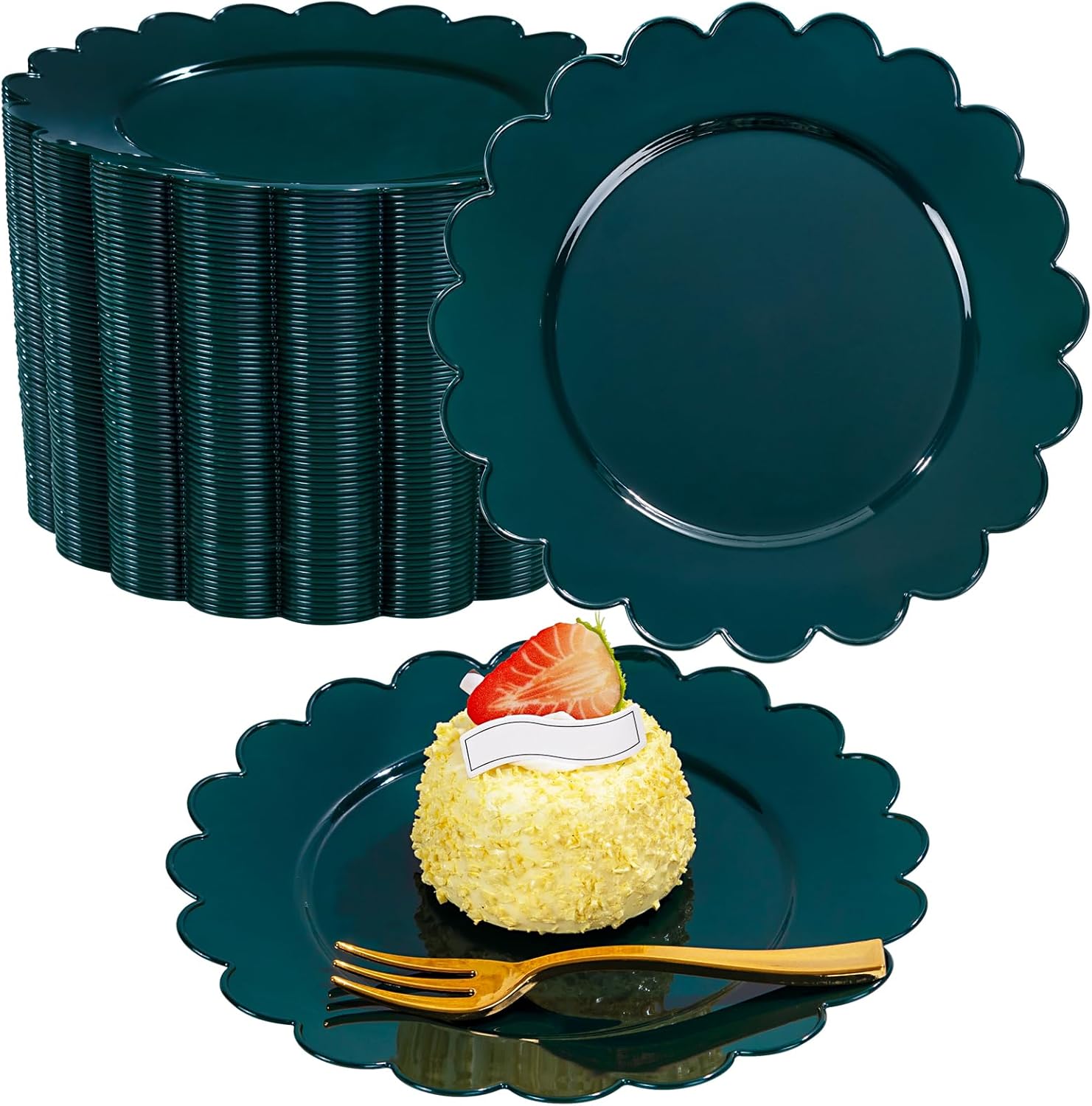 LIYH 200 Pcs Dark Green Christmas Plates with Gold Forks Set