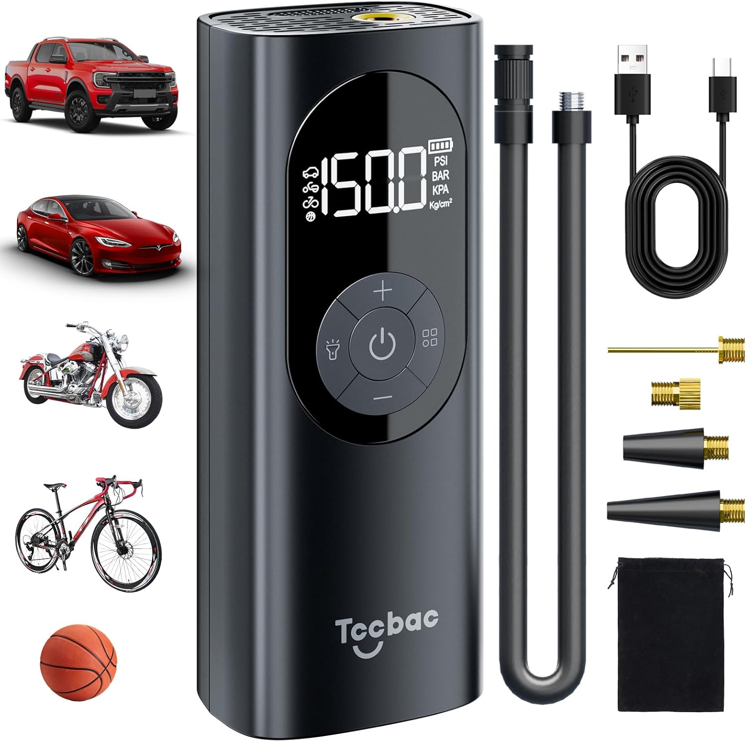 Portable Tire Inflator 2X Faster Pumping + LED Light - Tccbac