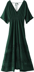 Women's Lace Maxi Dress Short Sleeve V Neck - Smocked Boho Maxi Dress
