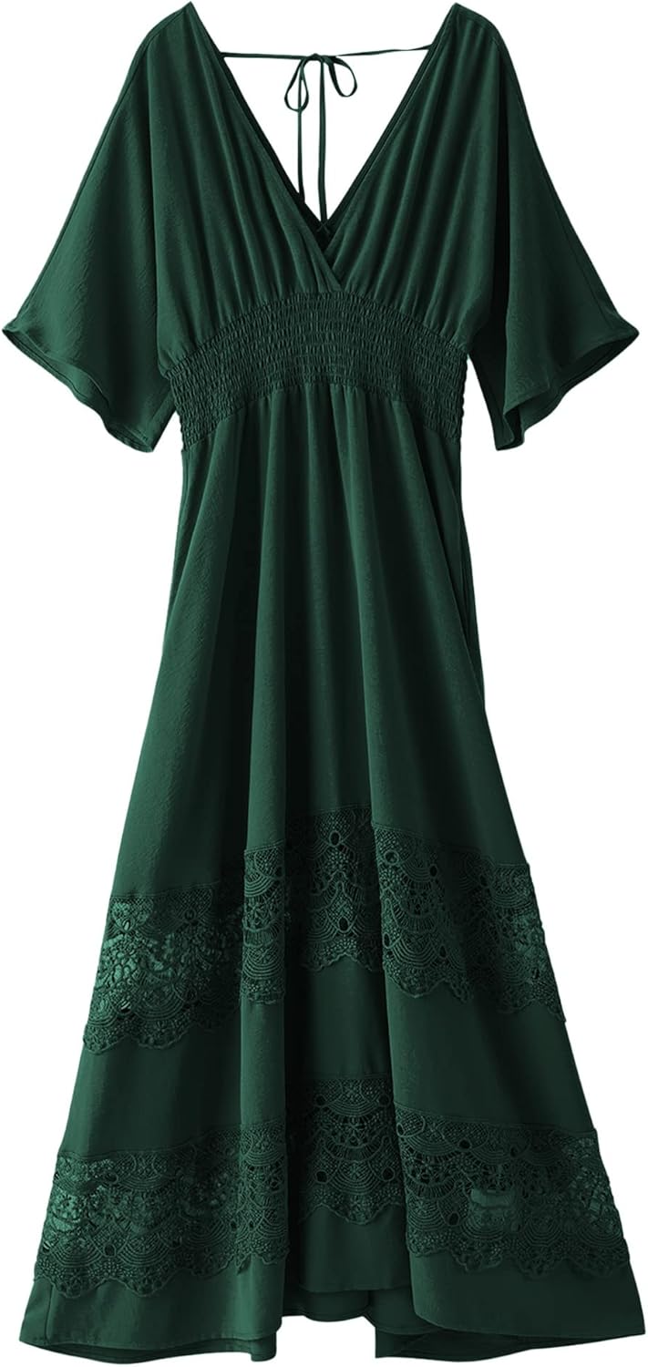 Women's Lace Maxi Dress Short Sleeve V Neck Party Dress