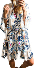 Miduo Womens Summer Bohemian V Neck Buttoned Mini Dress - Flowy