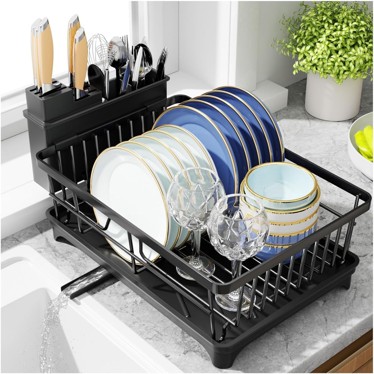 Space-Saving Dish Drying Rack for Kitchen Counter - Black