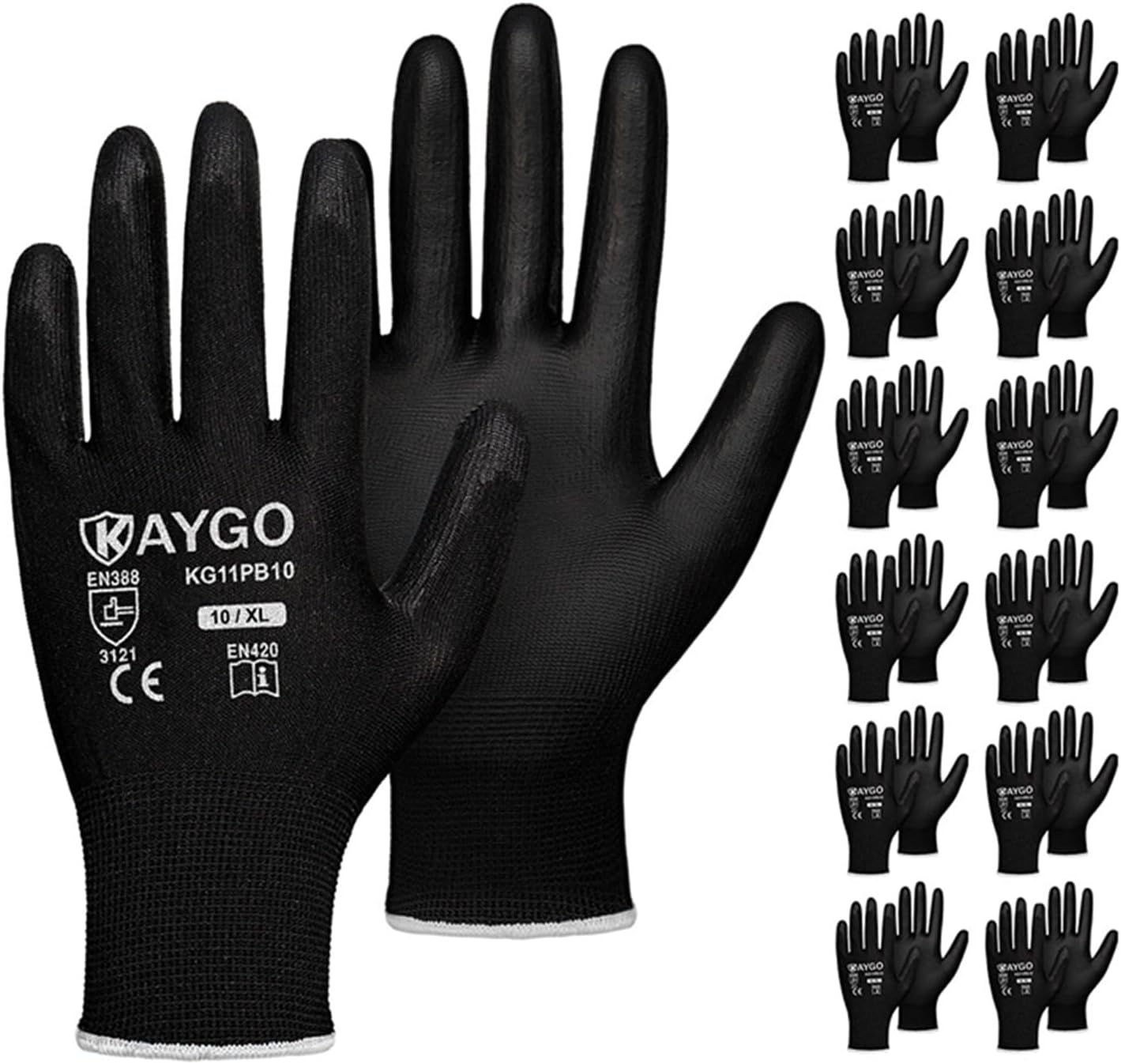 KAYGO PU Coated Safety Work Gloves: Smooth Grip, 12 Pairs